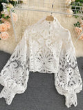 Znbbw Summer New Fashion Blouse Female Hollow Lantern Sleeve Temperament Blusa Stand-up Collar Slim Short Lace Shirt C342