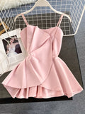 Znbbw Women's Blouse Korean Style Solid Color Ruffled Irregular Sling Shirt New Pleated Waist Sling Suspender Tops LL957