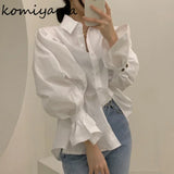 Znbbw White Elegant Puff Sleeve Blouse Women Spring Lapel Neck Single Breasted Blusas Mujer Loose All Match Shirts Tops