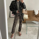 Znbbw Leopard Print Women Pants Retro High Waist Zipper Pockets Straight Trousers 2024 Spring Y2k Lady Casual Loose Denim Pant