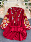 Znbbw New Bohemian Retro Folk Style Vestidos Female Heavy Industry Embroidery Round Neck Puff Sleeve Loose Mini Dress GL120