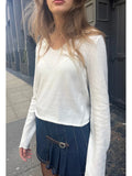 Znbbw Raw Trim Cotton Long Sleeve T Shirt Women Autumn Sweet V Neck Casual Simple Tee Tops Harajuku Vintage Cute T-shirts Y2k