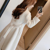 Znbbw Notched Collar With Sashes Woolen Coat Women Solid Double Breasted Mid-length Overcoat Ladies High Street Wool Coat