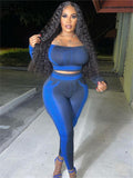 znbbw Spring Y2k Print 2Two Pieces Sets For Women Blue Long Sleeve Strapless Bodycon Crop Top And High Waist Slim Pants Female
