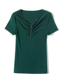 Znbbw Women Fashion Diamonds V-neck Short Sleeve T-shirts Tops Girls High Stretchy Sheath Mesh Tee Shirts For Woman
