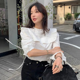 Znbbw Lager Lapel Shirts Blouses Lace Up Long Sleeve Blusas Mujer Loose Camisas Korean Chic Ropa Spring Womens Clothing