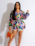 Znbbw Print Tracksuit Women Short Sleeve Shirt And Shorts Two Piece Sets Female Fashion Outfits 2023 Single Breasted Top Suits