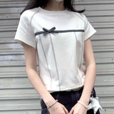 Znbbw Y2k T Shirts Short Sleeve Bow Patchwork Aesthetics Female Slim Crop Tops Summer Preppy Style 2000s Design Girl Clothing