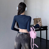 Znbbw Women's Tops Korean  Solid V-neck Hollow Slim Fit Sexy Naked Long Sleeve T-shirt Top