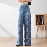 Znbbw Elegant Jeans for Women High Waist Lace Patchwork Pantalones Hollow Out Oversized Spring Casual Loose All Match Pants