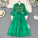 Znbbw Ethnic Style Embroidery Hollow Round Neck Trumpet Sleeve Waist A-line Dress Seaside Holiday Swing Vestidos Women D1233