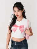 Znbbw Summer Sweet Bow Print T-Shirts Chic Fashion Short Sleeve Round Neck Crop Tops Women's Casual Basic Tees Streetwear