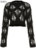 Znbbw Sexy Knit T-Shirt Women Spring Autumn Loose Solid Black Hollow Out Sweater Tee Office Lady Streetwear Crop Top New 2023 914