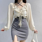 Znbbw Vintage Two Piece Set Slash Neck Puff Sleeve Ruffles Draw String Crop Tops Forked Female Slim Tand Dresses Spring Sets