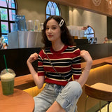 Znbbw Women's Striped Printed Sweater T-shirt Slim Fitting Short Sleeved Round Neck Knitted Sweater