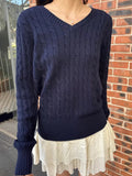 Znbbw Twisted Flower Knitted Sweater For Women Autumn Winter Cotton V Neck Slim Pullovers Tops Sweet Preppy Style Jumper Y2k