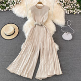Znbbw Women Summer Temperament Fashion Round Neck Slim Slim Sleeveless Vest High Waist Slim Wide Leg Long Jumpsuit Female D0714
