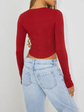 Znbbw Women Y2K Crop Tops Solid Color Deep V Neck Long Sleeve Henley Shirt Button Down Casual Basic Blouses for Going Out Streetwear