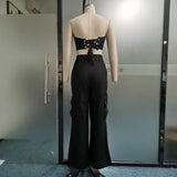 Znbbw 2 Piece Set Women Sexy Fashion Solid Sleeveless Backless Lace Up Tube Top Loose With Pockets Cargo Pants Sets Streetwear