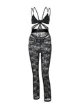Znbbw Black Lace Floral Sheer Summer Jumpsuits Women's Sleeveless Spaghetti Strap Hollow Out Long Pants Romper Clubwear