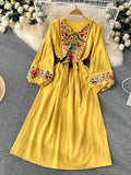 Znbbw Style Retro Embroidered Dress Women's Mid-length Waist Slim Lantern Sleeves Literary Gentle A-line Vestidos Women D1031