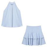 Znbbw Elegant Matching Sets Halter Sleeveless Tops High Waist Ruffles Stitching Mini Skirt Summer Fashion Design Women Clothing