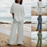 Znbbw Casual Half Sleeve Wide Leg Pant Suits Women Vintage Solid Color Loose Oversized Home Daily Cotton Linen Two Pieces Sets