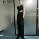 Znbbw 2 Piece Set Women Sexy Fashion Solid Sleeveless Backless Lace Up Tube Top Loose With Pockets Cargo Pants Sets Streetwear