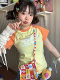 Znbbw Sweet T Shirt Short Sleeve Letter Print Aesthetics Contrast Color Crop Tops Summer Preppy Style Y2k 2000s Girl Clothing