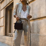 Znbbw Striped Sequins Women Pants Set Elegant Deep V Neck Lace Up Long Sleeve Coat Autumn High Waist Elastic Wide Leg Trouser