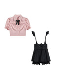 Znbbw Kawaii Sweet Two Piece Set Women Korean Style Y2k Party Skirts Suit Female Pink Puff Sleeve Blouses£«Suspenders Mini Dress