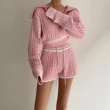 Znbbw Women Twist Knit 2 Piece Set Korean Fashion Zipper Loose Long Sleeve Tops Casual All Match Female High Waist Shorts Sets