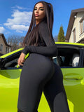 Znbbw Black Sexy Skinny Jumpsuit Women Overalls O Neck Full Sleeve Zipper Sporty Jumpsuits Ladies Fashion Rompers Streetwear