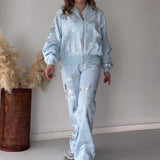 Znbbw Printed Y2k Pants Sets Women Shiny O-neck Zipper Long Sleeve Coats High Waist Straight Pant 2024 Spring Female Tracksuit