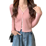 Znbbw Women Korean V Neck Solid Colour Button up Casual Long Sleeves Knitted Cardigan T-shirt
