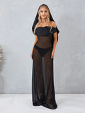 Znbbw Off-Shoulder Mesh Sheer Ruched Hooded Long Dress Women's See-Through Backless Dresses Vestidos Cocktail Party Beach Club