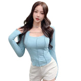 Znbbw Women Solid Color T Shirt Korean Style Solid Color Square Collar for Leisure T Shirt