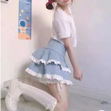 Znbbw Sweet Y2k Skirts Ruffles Lace Patchwork Bandage Design Denim Mini Skirt Summer Korean All Match Kawaii Girl Clothing
