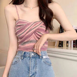 Znbbw Knit Camisole Crop Top Girls Twisted Contrast Color Striped Stretchy Sweet Hot Camis Sleeveless T-Shirt For Slim Lady