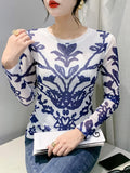 Znbbw Printing Positioning Flower Long Sleeved Round Neck Slim Fit Top Women Autumn Spring Stretchy Mesh T-shirts FF0875