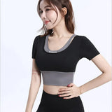 Znbbw Women Yoga Shirt Short Sleeve Padded Sports Crop Top Fitness Gym Clothing Sexy Cropped Workout Tops Running Tights T-Shirt