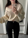 Znbbw Women Autumn Winter Sweater Korean New Design Elegant Cross V-neck Off Shoulder Knit Thickened Sexy Pullover Sweater D4335