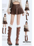Znbbw Women's Coffee Leather Pleated Skirt Harajuku Y2k 2000s Vintage Mini Skirt 90s Aesthetic Streetwear Fashion A-Line Skirt Clothes