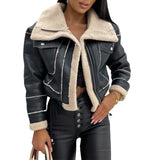 Znbbw Women PU Patchwork Warm Plush Jacket Fashion Winter Long Sleeve Zipper Short Coats Streetwear with Pockets Outwear