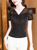 Znbbw Shinning Mesh T Shirts Women's Short Sleeve Beading V Neck Tees Buttons Folds Slim Tshirt For Female