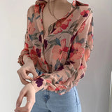 Znbbw Women's Chiffon Shirt Floral Print V-Neck Long Sleeve Fashion Cozy Loose Blouse