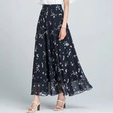 Znbbw Chiffon Skirts Ink Painting Print Spring Summer Floral Long Skirt Elegant Chic A-Line Full Length Skirt Ankle Beach Skirts