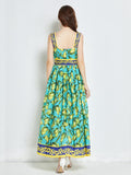 Znbbw Women's Runway Fashion Maxi Dress Summer Bohemia Lemon Print Lace Up Belt High Waist Vacation Long Spaghetti Strap Dress