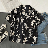 Znbbw Women Turn Down Collar Short Sleeve Blouse College wind Leaf Print Shirts Summer Casual Office Button Vintage Shirt Tops