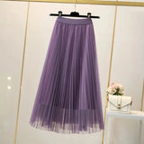 Znbbw Women Elegant Solid Tulle Skirt Fashion Korean Mesh Pleated A Line Skirt Lady Summer Chic High Waist All-Match Party Midi Skirts